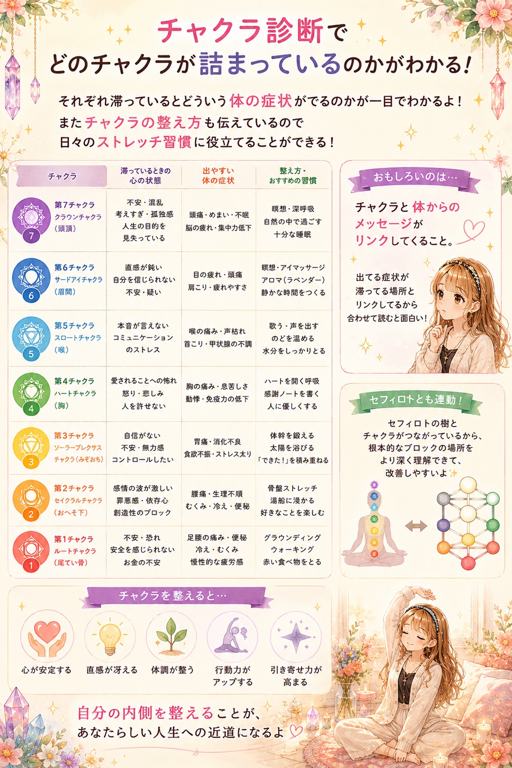 チャクラ診断。どのチャクラが詰まっているか、体の症状や整え方、セフィロトとの連動まで